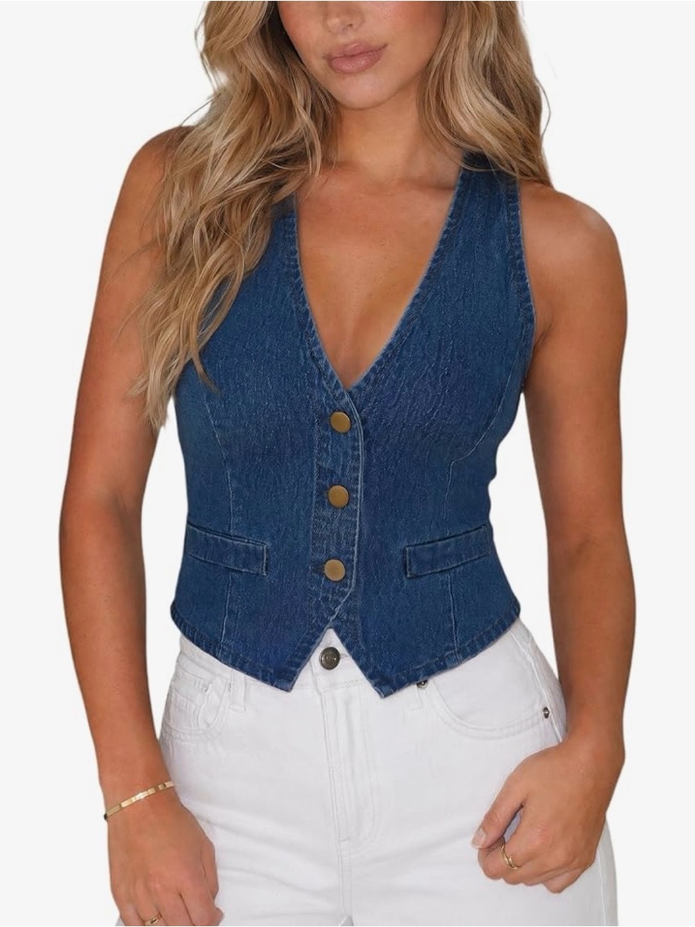 NWT Women’s Dark Blue Denim Vest with Button Front Large